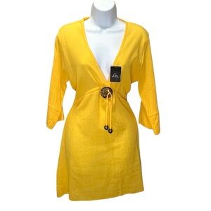 Quiksilver Yellow Women's Swim Cover-Up Mini Dress Size L Plunging Neckline